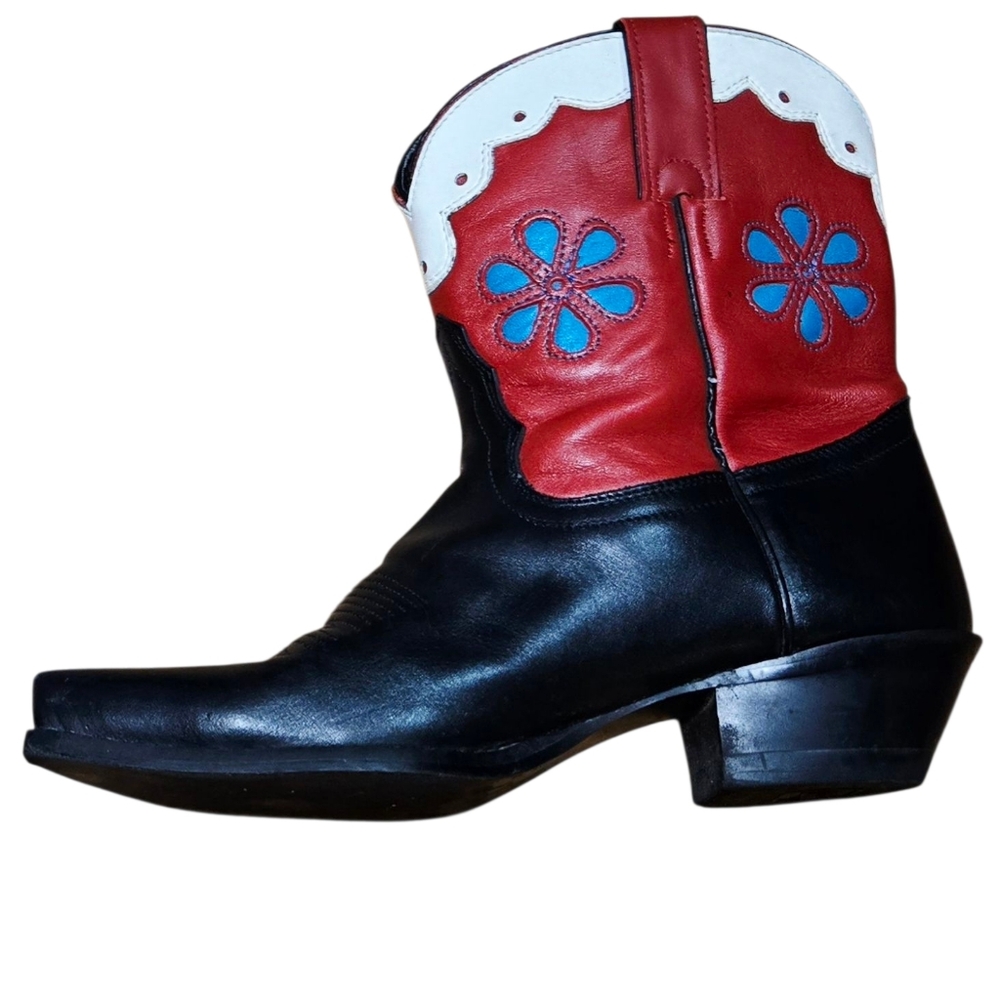 Vintage Tony Lama Black Red White Blue Flower Western Leather Boots Size 7 - Picture 4 of 16